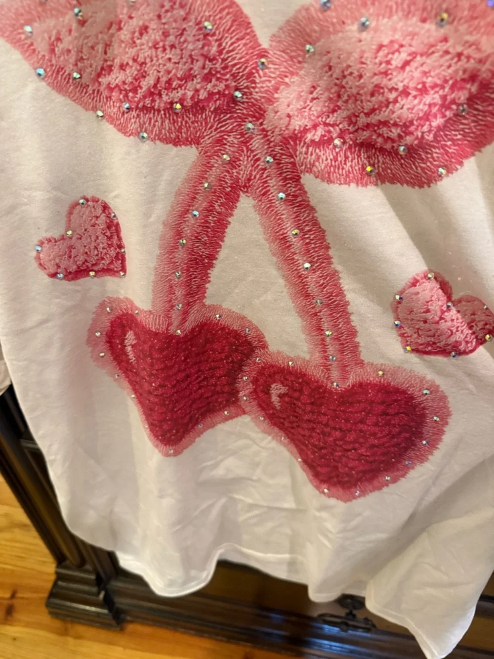 Women’s White Graphic Tee with Pink Sequin Cherry Design with bling. - Picture 3 of 4
